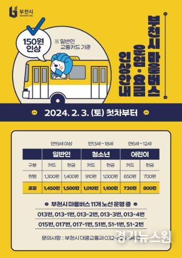 부천시 마을버스 요금 인상 안내 포스터