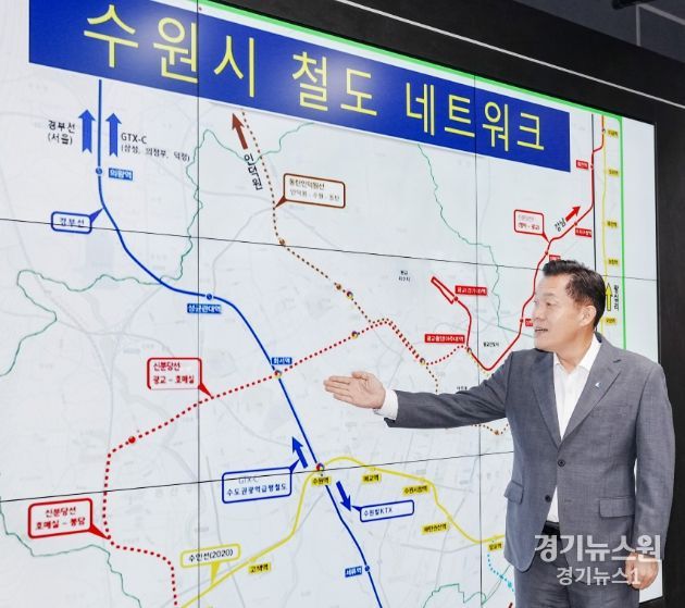 이재준 수원시장이 수원시의 격자형 광역철도망을 설명하고 있다.