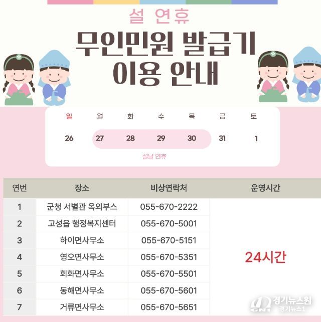설 연휴 기간 무인민원발급기 정상 운영