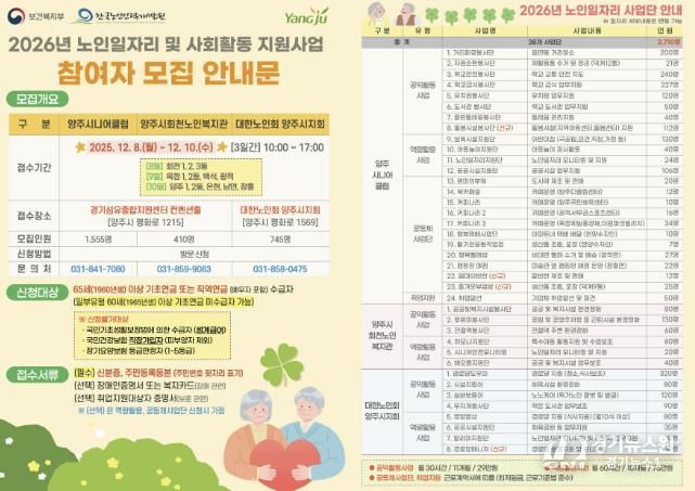 양주시, 2026년 노인일자리 및 사회활동 지원사업 참여자 2,710명 모집