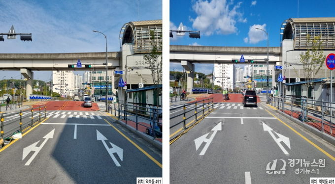 횡단보도와 차량정지선 이격거리를 5m로 확대한 처인구 역북동 491번지의 모습. 사진은 이격거리 확대 전(좌)과 확대 후(우)의 모습.