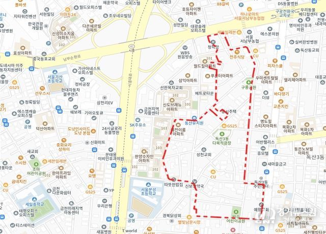2025년 제6차 주택재개발 후보지 선정구역 - 금천구 독산동 979 일대 위치도(대상지 구역계는 선정위원회 조건이행 및 신속통합기획 등 계획수립 과정에서 변경될 수 있음)