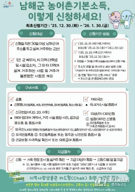 남해군, 농어촌 기본소득 신청 접수 시작