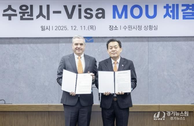 지난해 12월 이재준 수원시장(오른쪽)과 패트릭 스토리 비자 코리아 사장이 중소기업 수출결제 간소화 협약을 체결한 후 함께하고 있다.