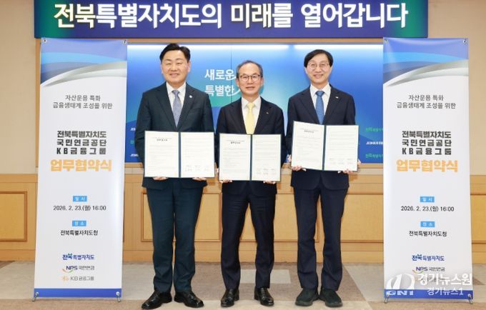 23일 전북특별자치도청 회의실에서 열린 전북도 ·국민연금공단·KB금융그룹 업무협약식에 김관영 도지사와 김성주 국민연금공단 이사장, 양종희 KB금융그룹 회장이 ‘자산운용 특화 금융생태계 조성 및 지역경제 활성화’를 위한 3자 업무협약을 체결하고 있다. 왼쪽부터 김관영 도지사, 양종희 KB금융그룹 회장, 김성주 국민연금공단 이사장