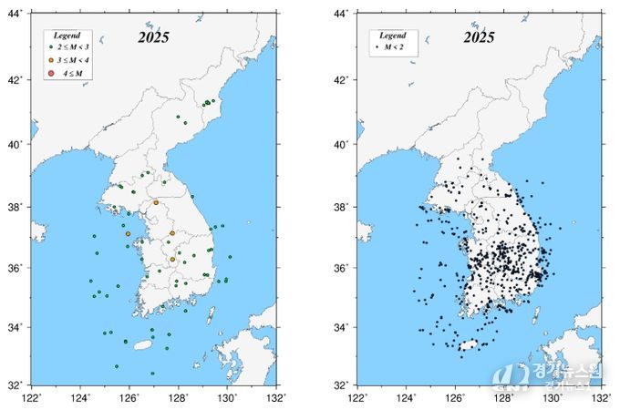 2025년 지진 발생 분포도(왼쪽: 규모 2.0 이상, 오른쪽: 규모 2.0 미만)