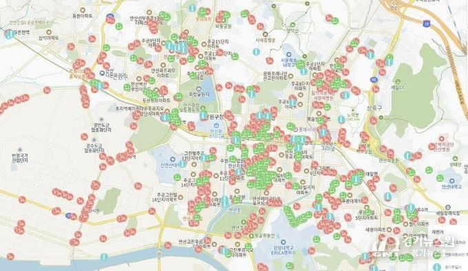 안산시 생활정보지도에 표시된 '자전거 편의시설 위치정보' 사진