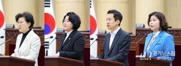 안산시의회가 8일 본회의장에서 제302회 임시회 제2차 본회의를 열고 시정질문과 5분 자유발언을 진행했다. 사진 왼쪽부터 이날 시정질문에 임한 박은경 의원과 5분 자유발언에 나선 김진숙 송바우나 박은정 의원의 모습.